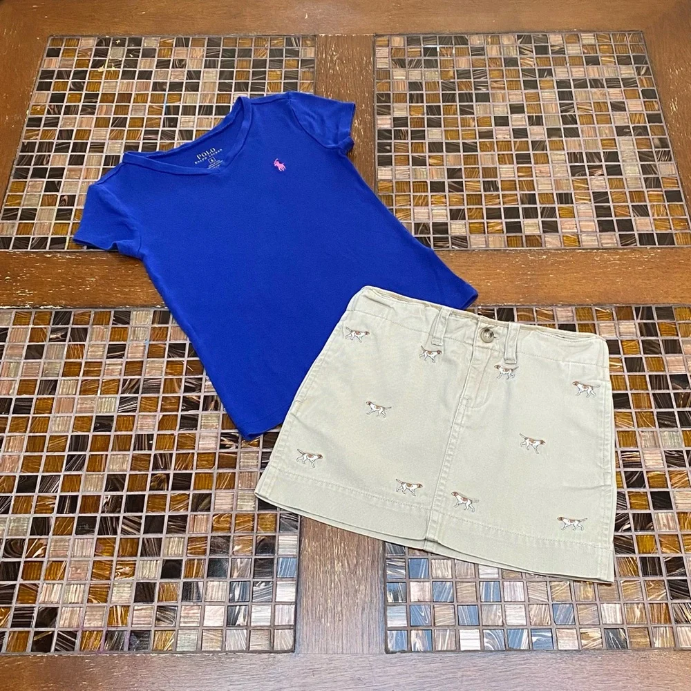 Ralph Lauren Blue Tee and Embroidered Dog Skirt Set